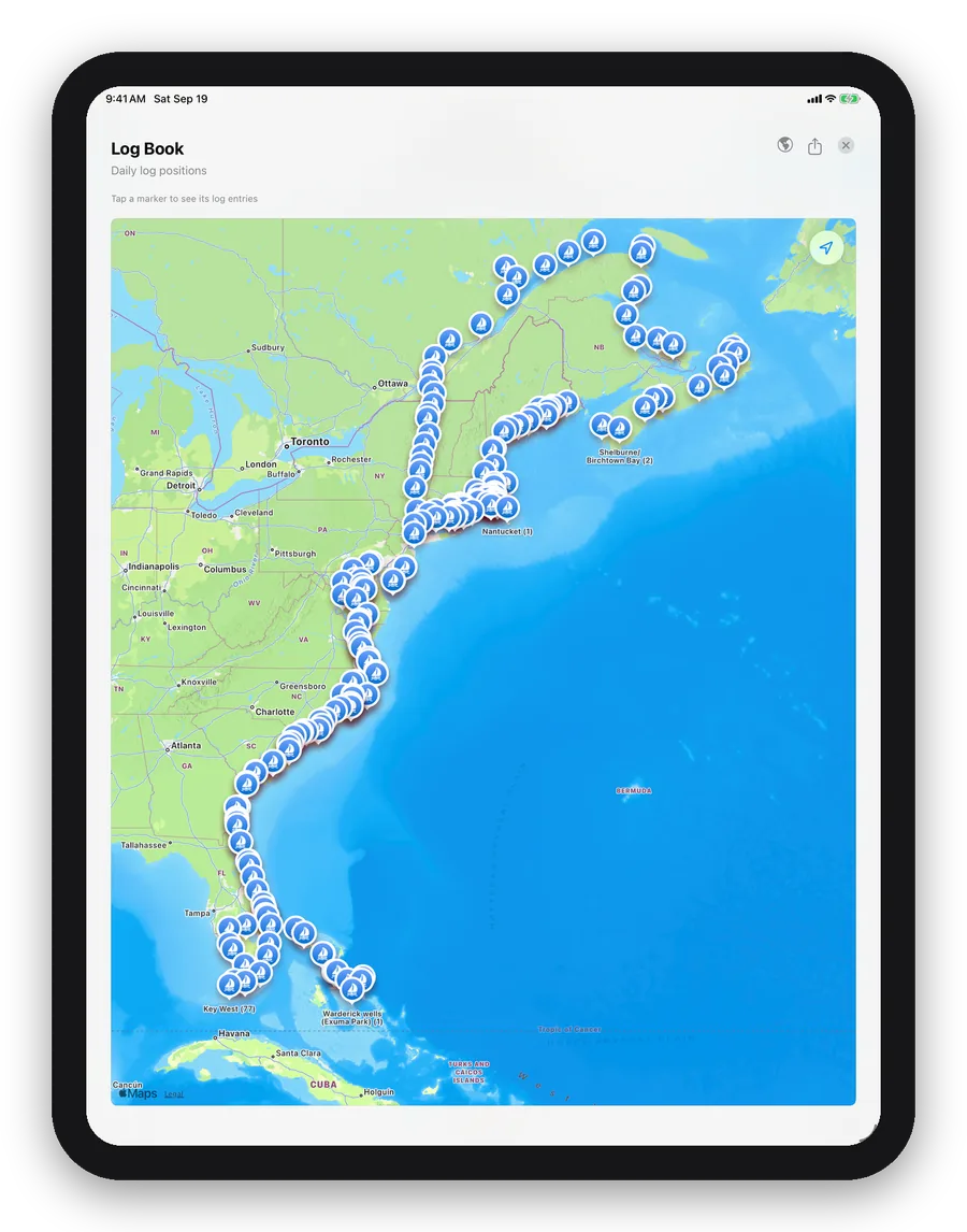 The logbook map on iPad: ten years of daily positions along the US East Coast and the Bahamas