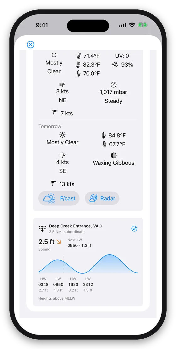 The Helm on iPhone: today's forecast and the NOAA tide curve for the nearest station