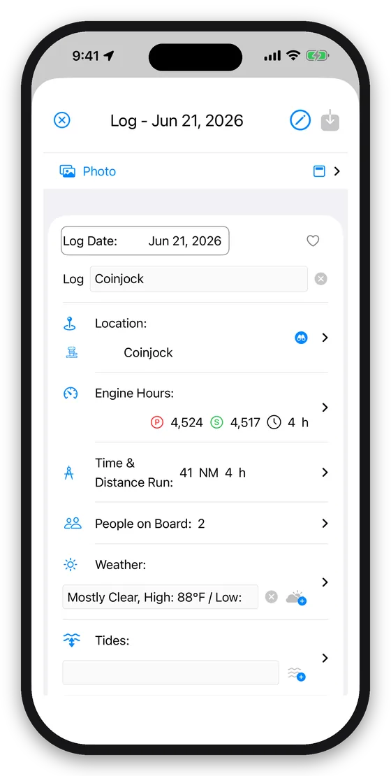 A day's log entry: port, engine hours, distance, weather and tides